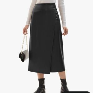 Women’s Faux Leather Midi Skirt High Waist with Slit NWOT